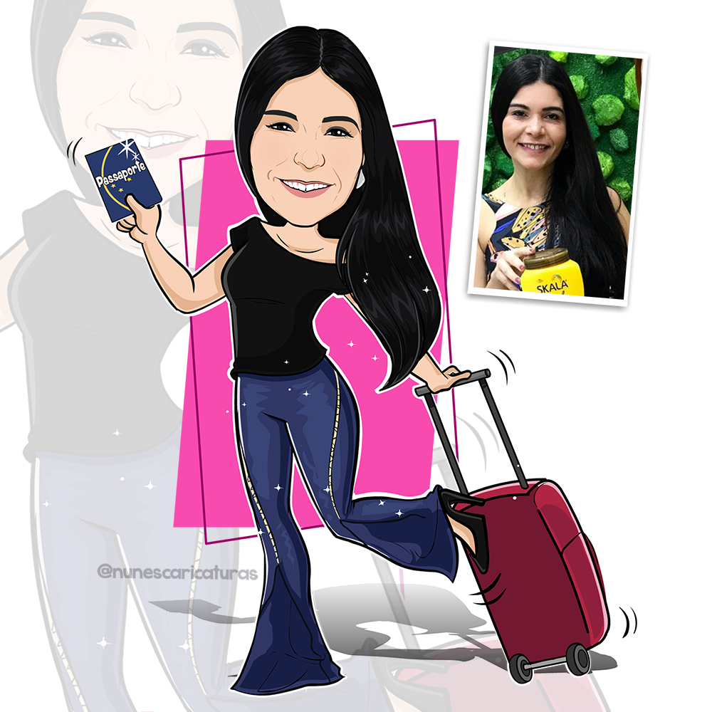 caricatura cartoon individual moça com mala e passaporte 