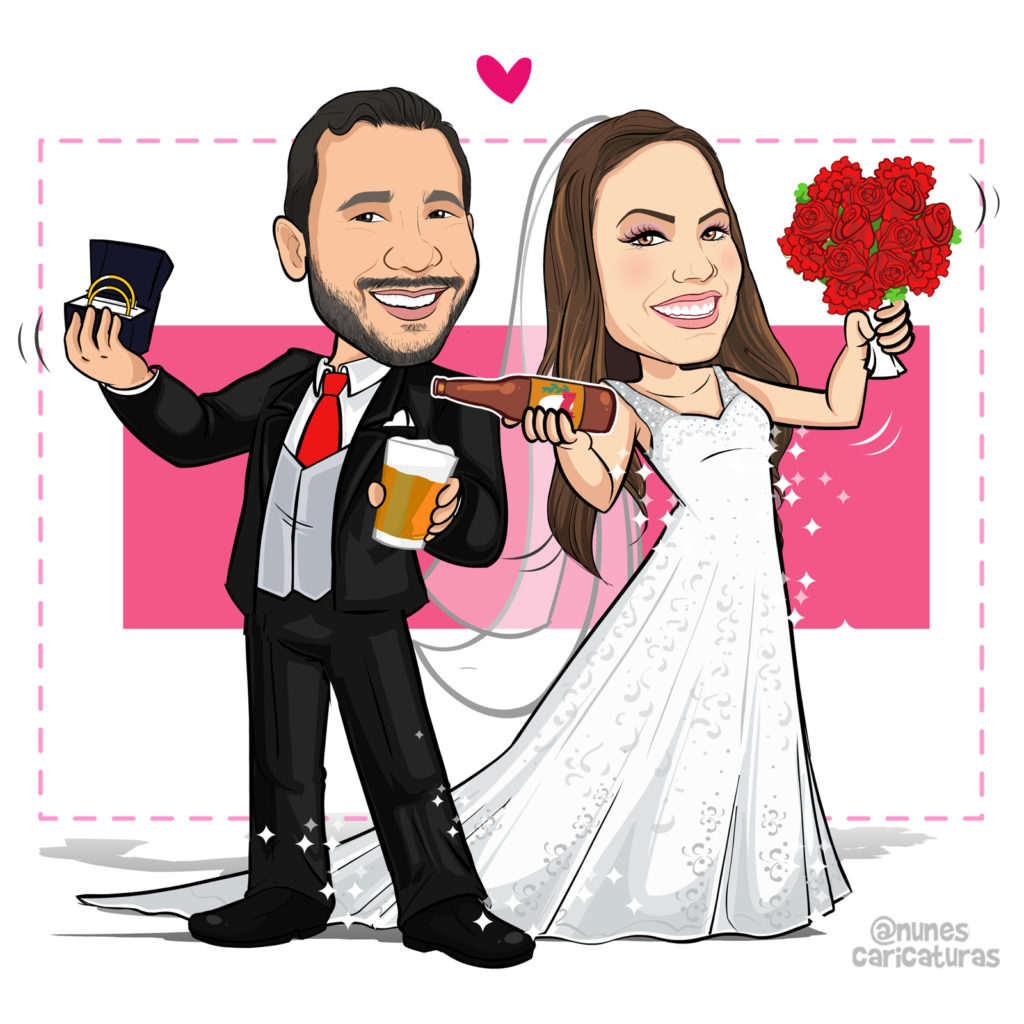 Desenho de noivos, Noiva com bique e cerveja enchendo o copo do noivo