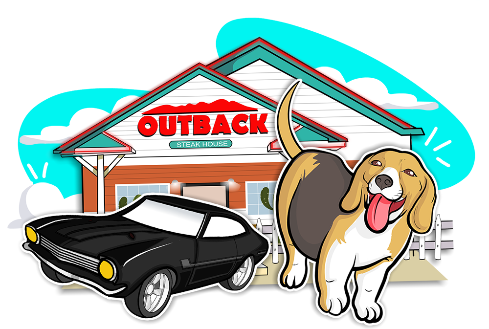 Desenho de um cenário, um carro e uma cachorro 