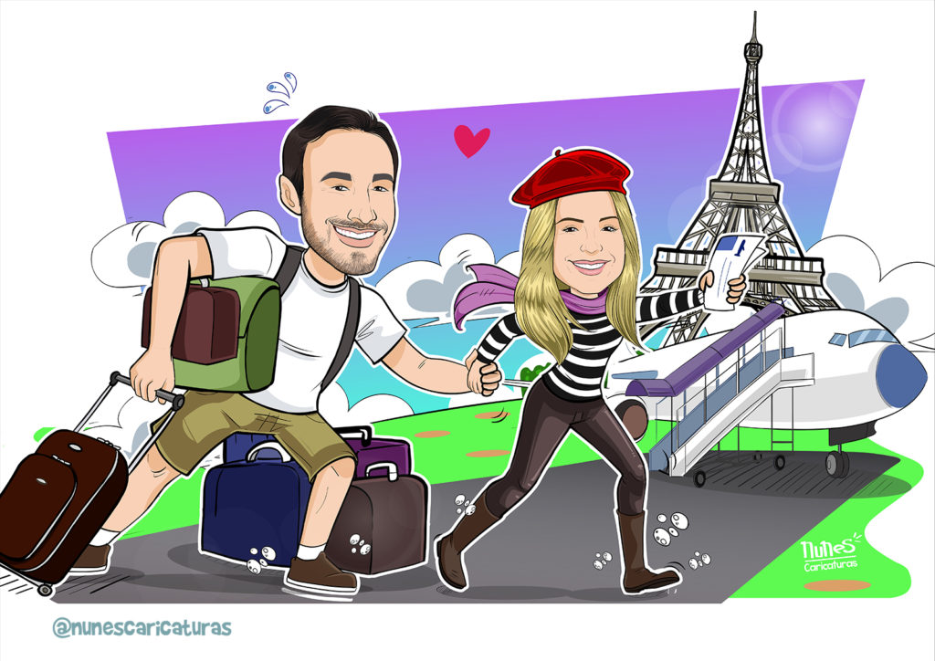 caricatura para presentear amigos se mudando para Paris