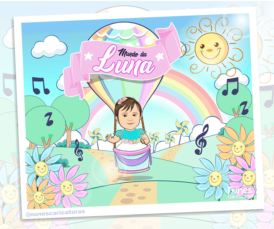 desenho de uma criança em um balão com arco iris e flores ao fundo