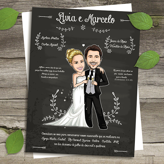 convite de casamento com caricatura de noivos estilo lousa 