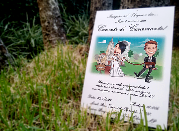 convite de casamento com caricatura noiva puxando noivo