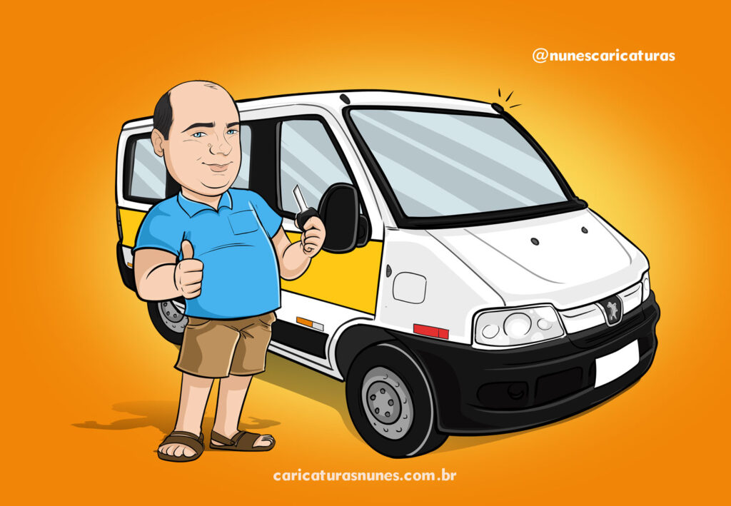Caricatura para transporte escolar - Desenho de um homem ao lado de um veículo escolar