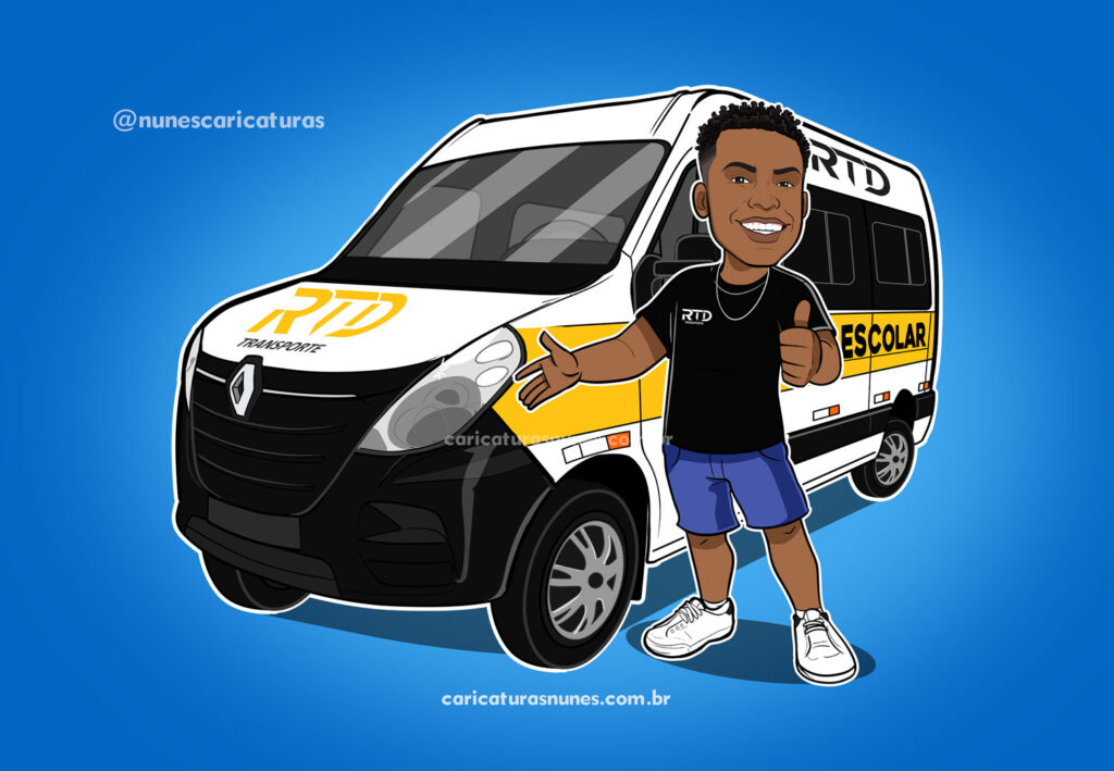 Caricatura para transporte escolar - Caricatura de um homem em pé ao lado de um van escolar