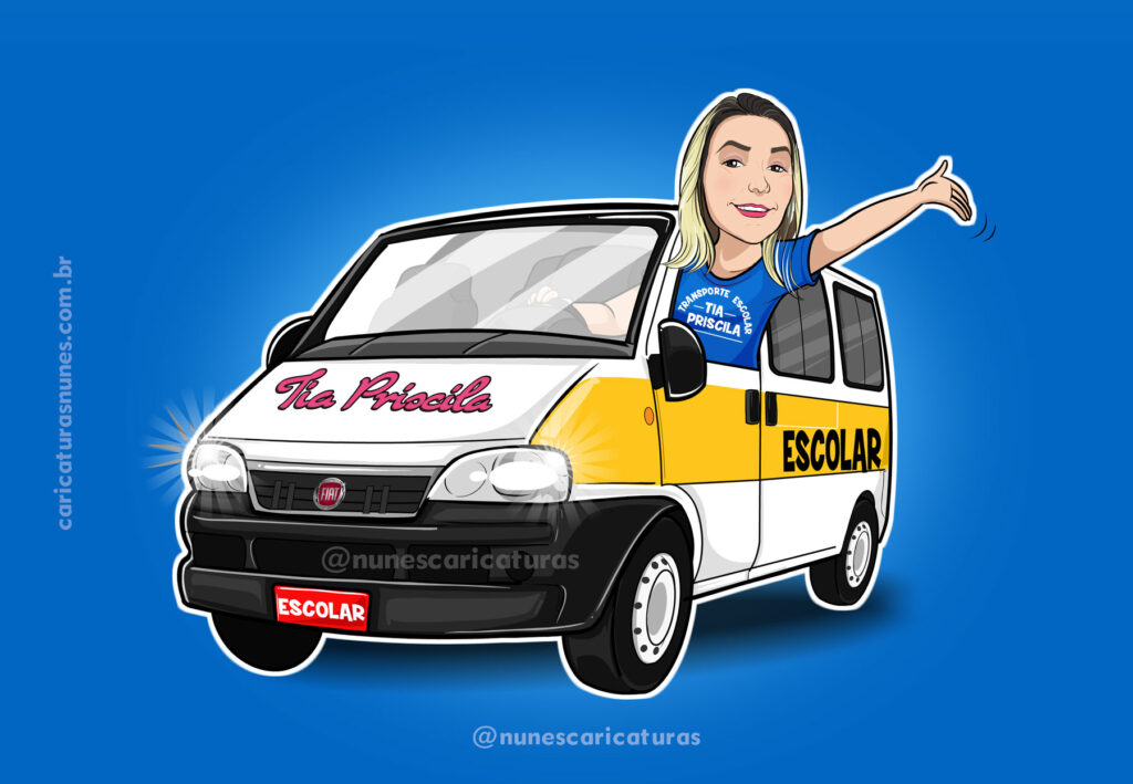 Caricatura para transporte escolar - Caricatura de uma mulher dentro de uma van escolar acenando com a mão