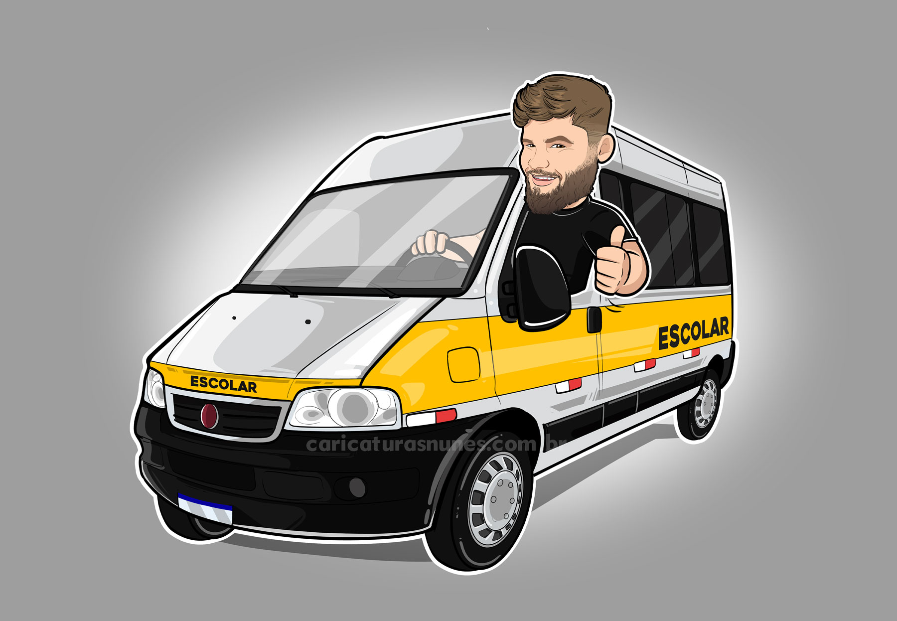 Caricatura para transporte escolar - Caricatura digital de um homem dentro de uma van escolar
