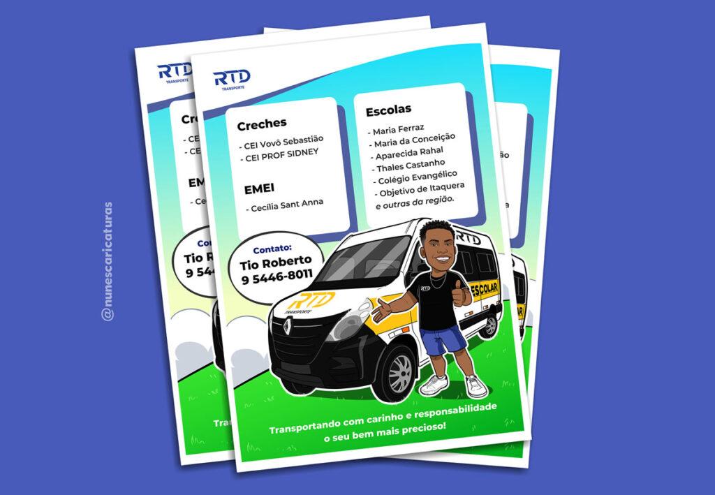 Panfleto com a caricatura de um homem ao lado de um veículo de transporte escolar 