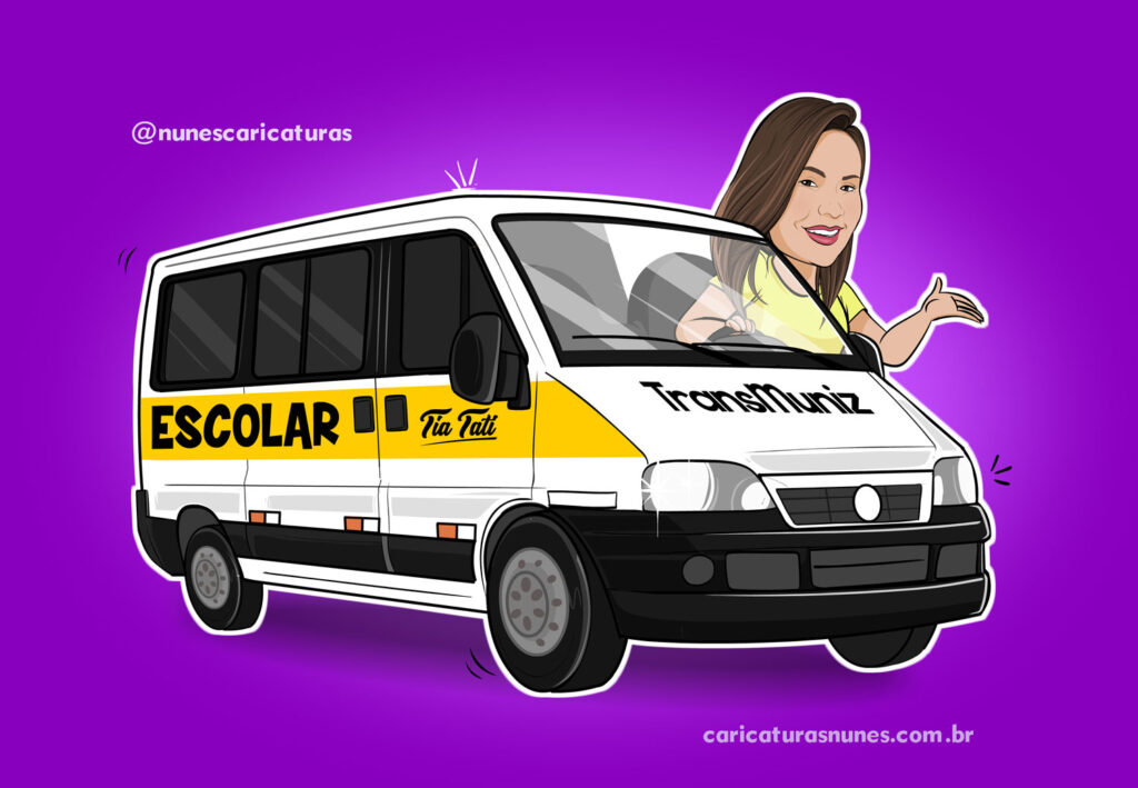 Caricatura para transporte escolar - Desenho de uma mulher dentro de uma van escolar acenando com a mão