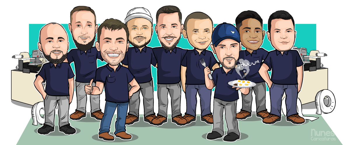 Caricatura com nove pessoas