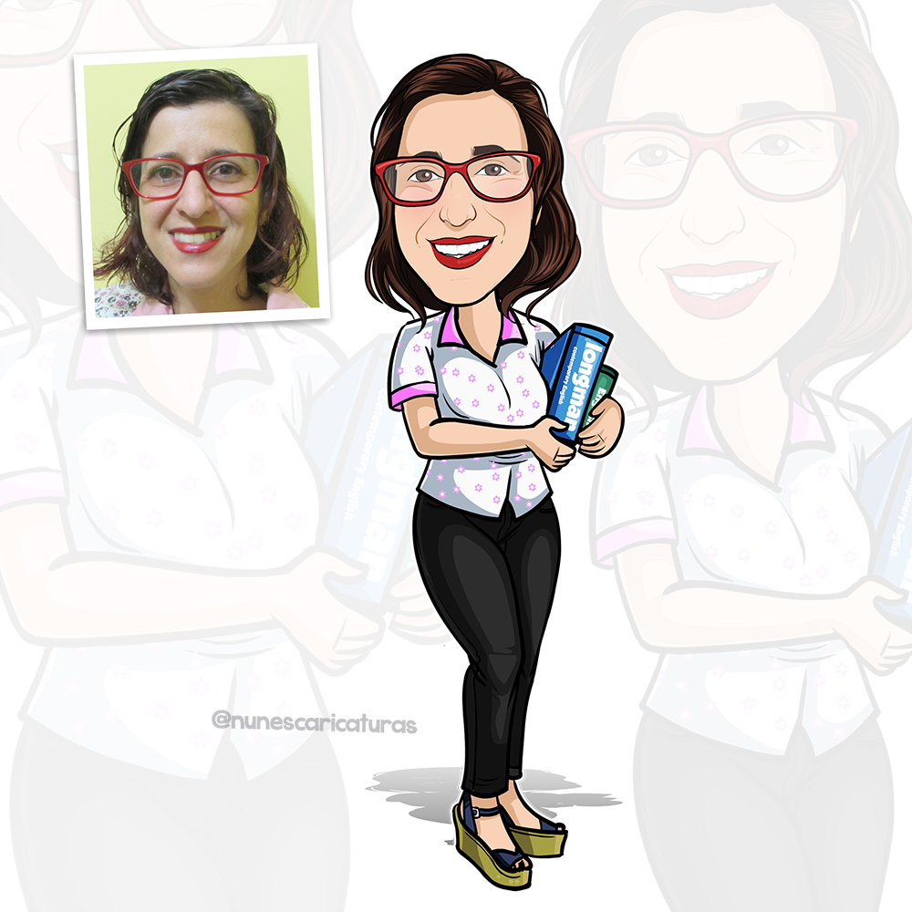 caricatura cartoon individual professora de inglês segurando livros
