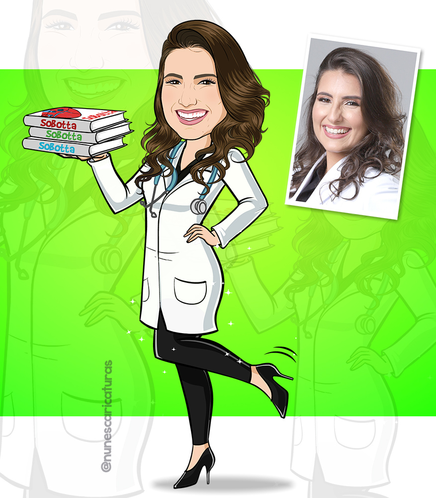caricatura formanda medicina segurando livros com estetoscópio 