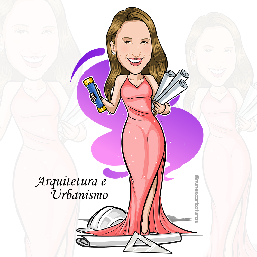 caricatura formanda arquitetura e urbanismo com esquadro, capacete de segurança e alguns papeis de projetos                     
