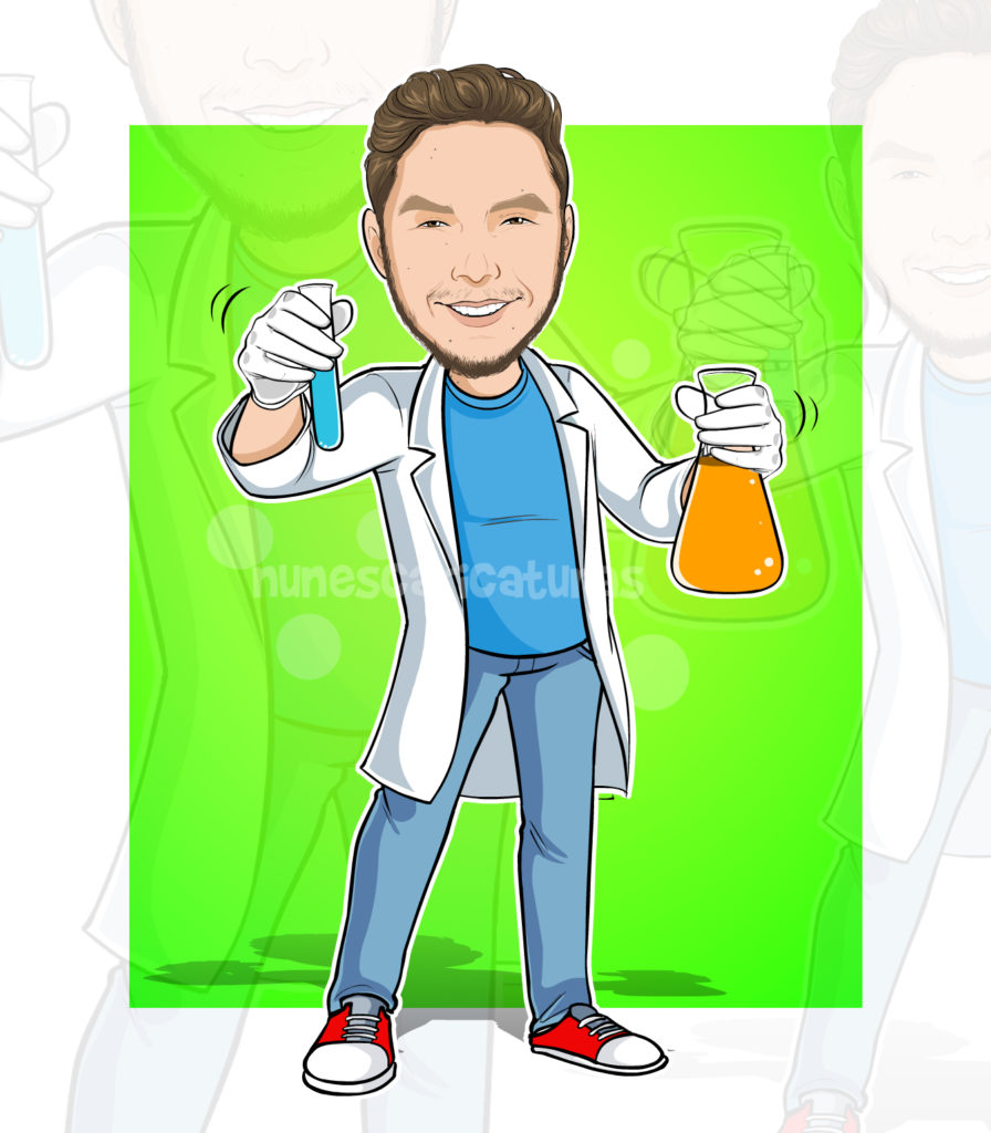 caricatura formando biomedicina segurando materiais de laboratório