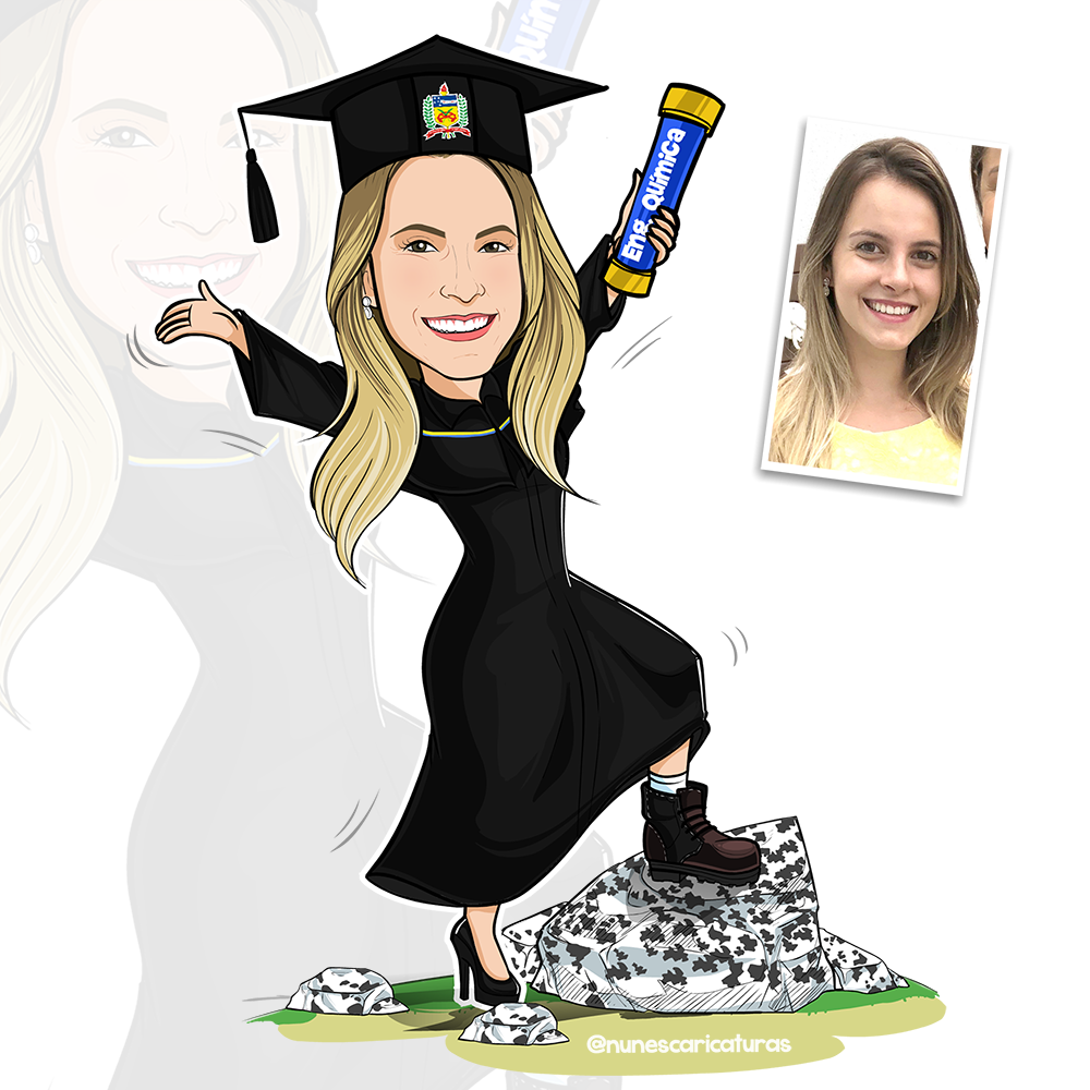 caricatura formanda engenharia química com o pé em um pedra e segurando canudo