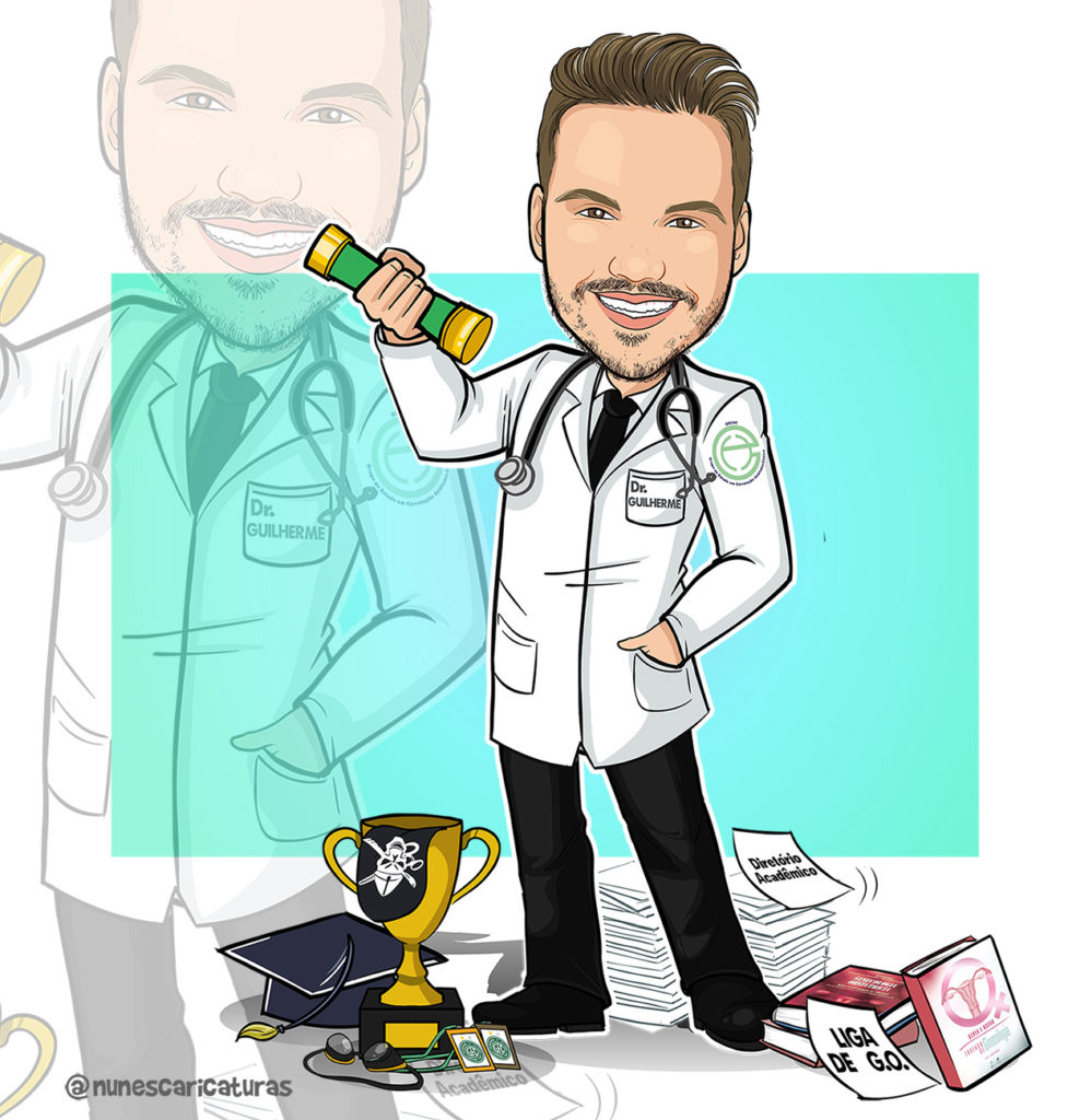 Caricatura Médico segurando canudo e vários itens ao seu redor, como livros, troféus,capelo, papeis e etc.