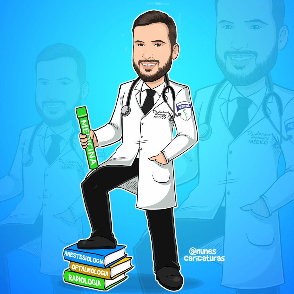 caricatura formando medicina segurando canudo e com os pés sobre livros