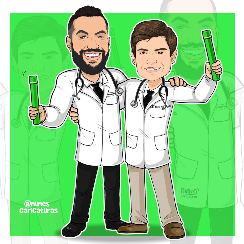 caricatura formandos de medicina com canudo e estetoscópio 