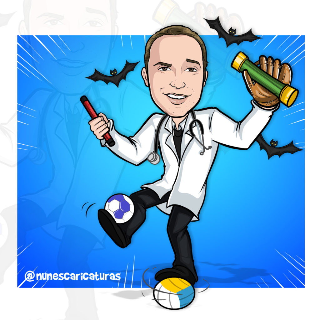 caricatura médico com estetoscópio se equilibrando na bola