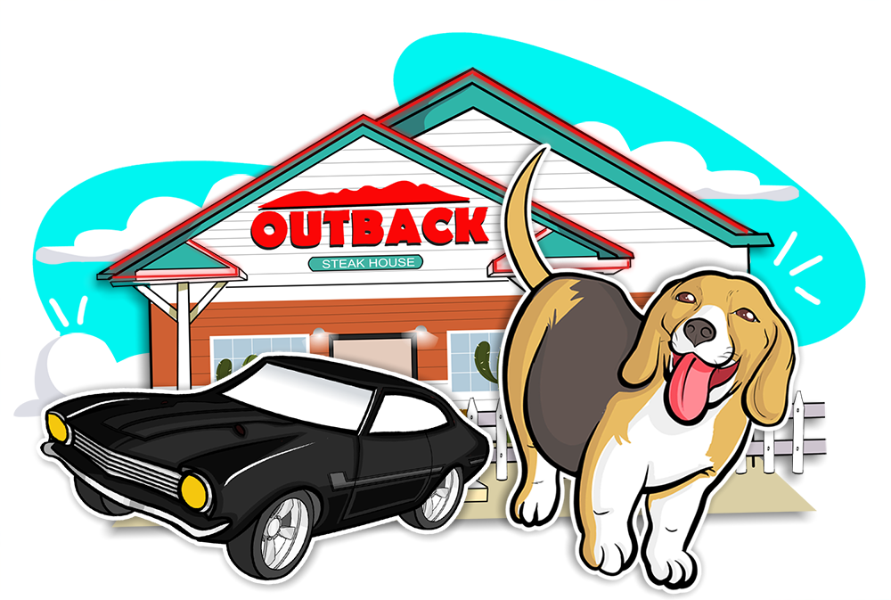Desenho de um cenário, um carro e uma cachorro
