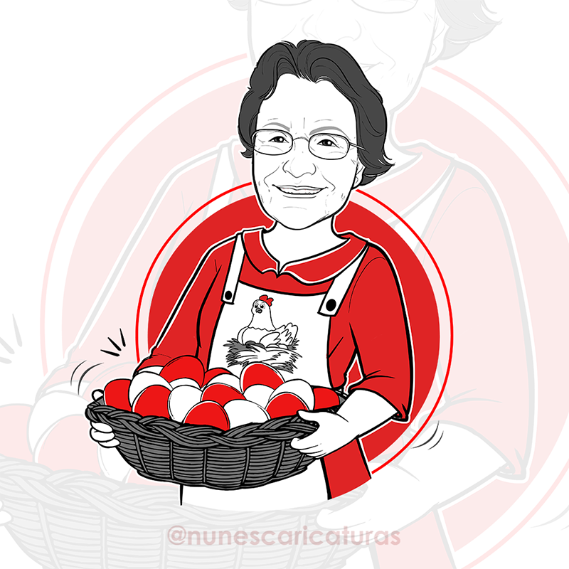 Logo com caricatura de uma senhora segurando uma cesta com ovos