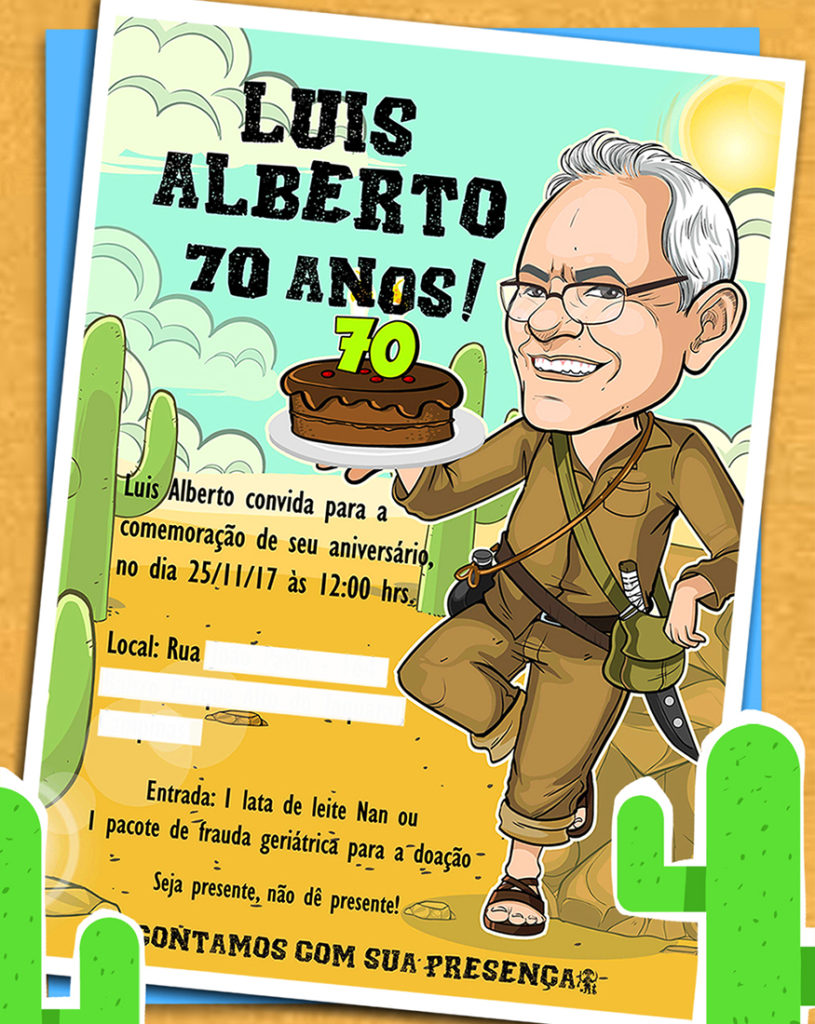convite de aniversário de 70 anos com caricatura estilo cordel