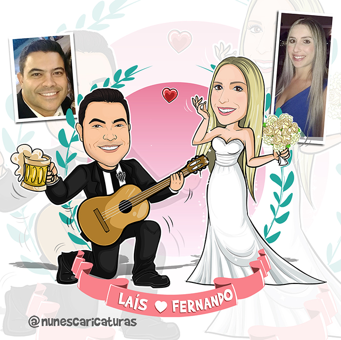 caricatura de noivos - noivo com violão
