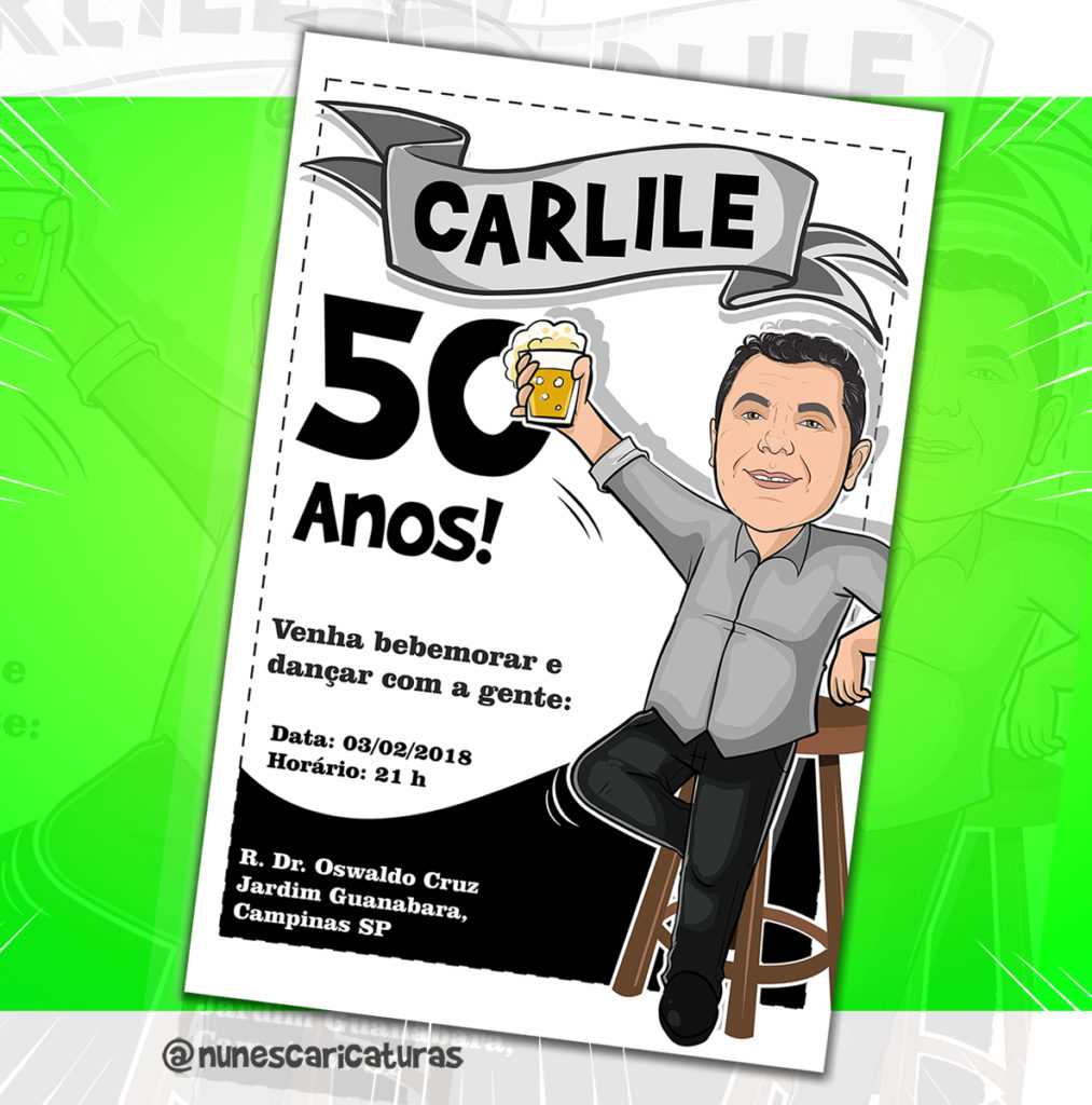 convite de aniversário de 50 anos com caricatura