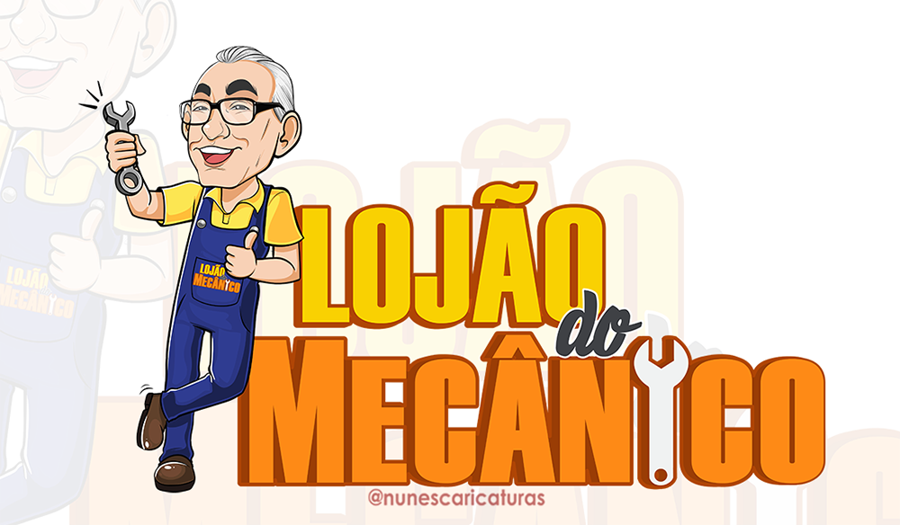 Caricatura de mecânico com logotipo