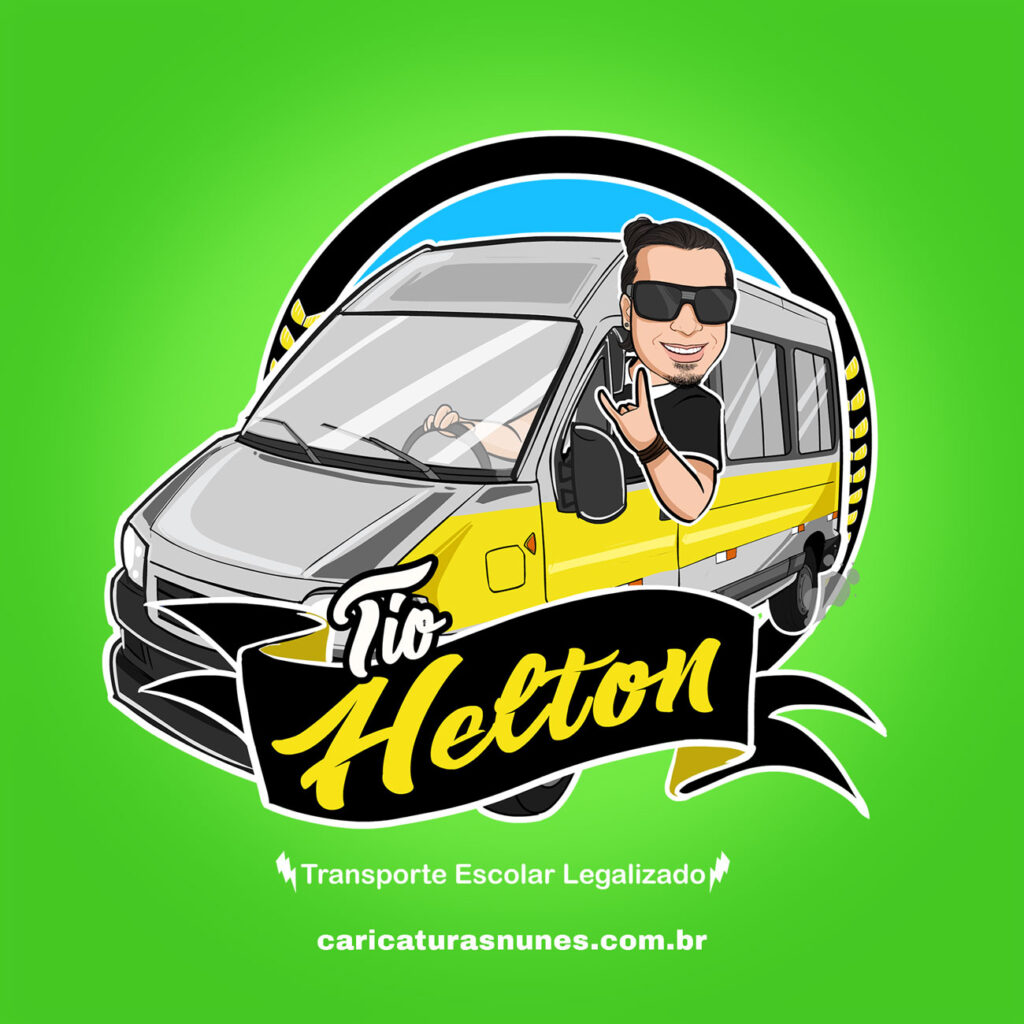 Logomarca com caricatura de um homem dentro de uma van escolar