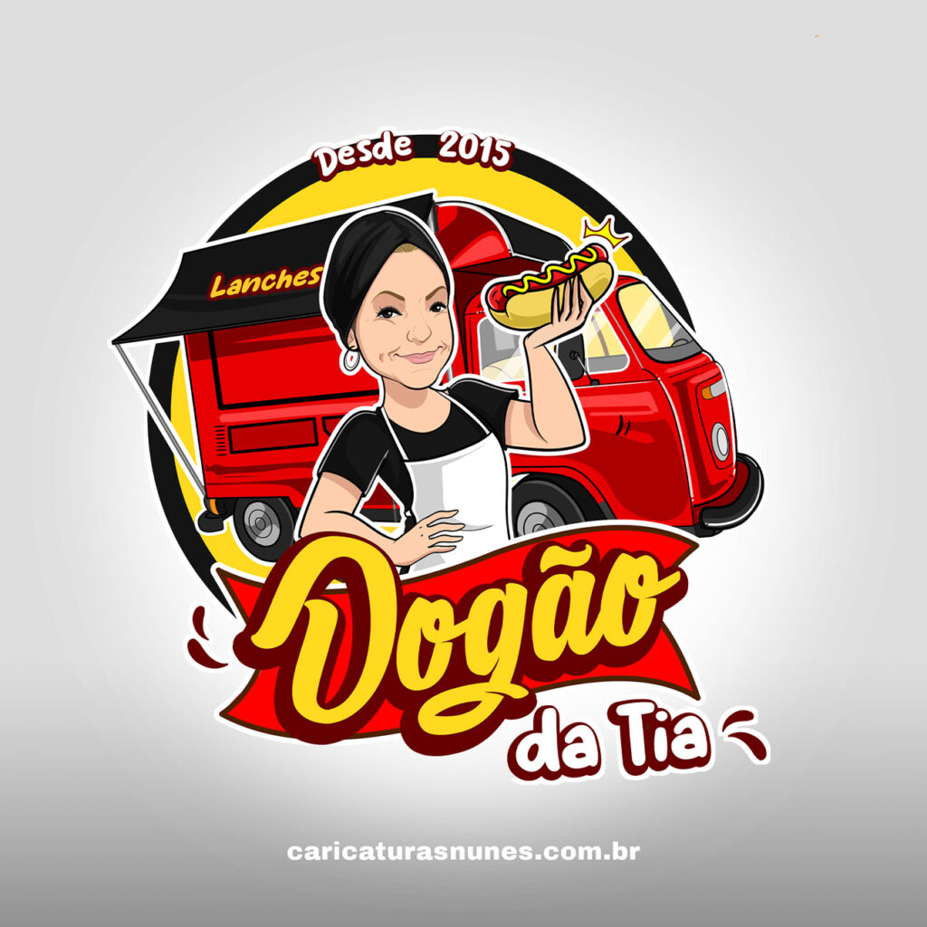 Logomarca com a caricatura de uma mulher segurando um cachorro quente